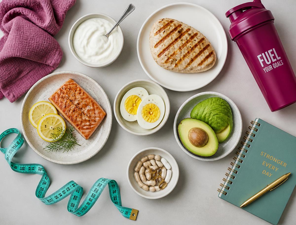 Flat lay com salmão, frango grelhado, ovos, abacate, suplementos, fita métrica e caderno