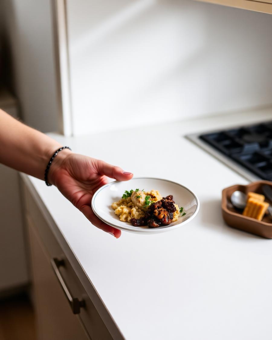 Mulher segurando um prato pequeno de comida na bancada da cozinha